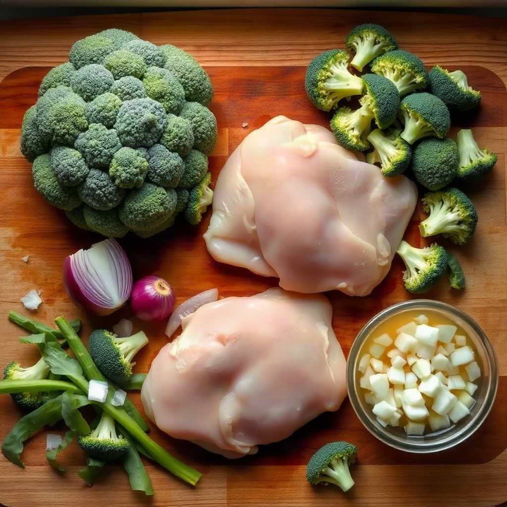 Slow Cooker Chicken Broccoli Soup – Creamy & Easy 4 Raw ingredients for Slow Cooker Chicken Broccoli Soup, including chicken, broccoli, and spices in small bowls.