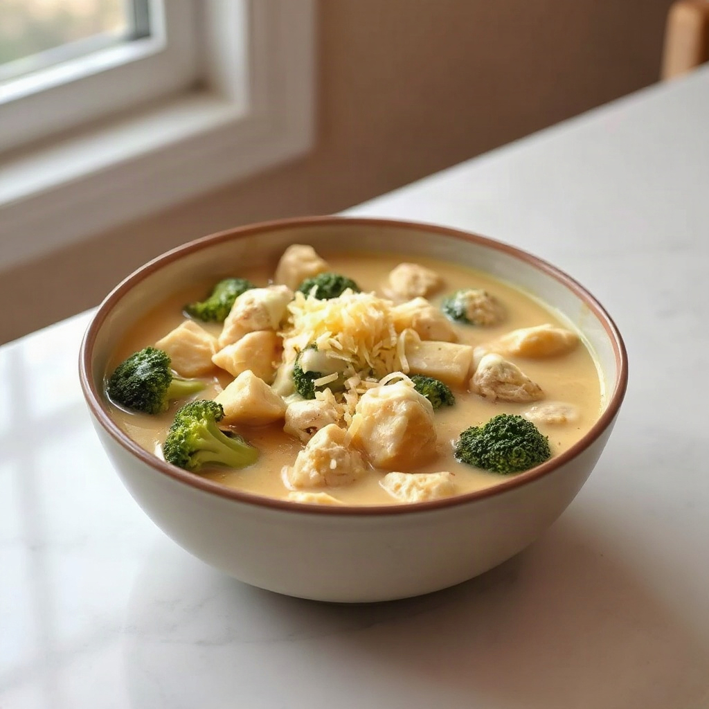 Slow Cooker Chicken Broccoli Soup – Creamy & Easy 6 A bowl of creamy Slow Cooker Chicken Broccoli Soup topped with fresh broccoli and croutons, ready to serve.