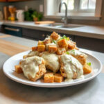 A plated serving of Slow Cooker Chicken Caesar featuring creamy dressing and tender chicken pieces.