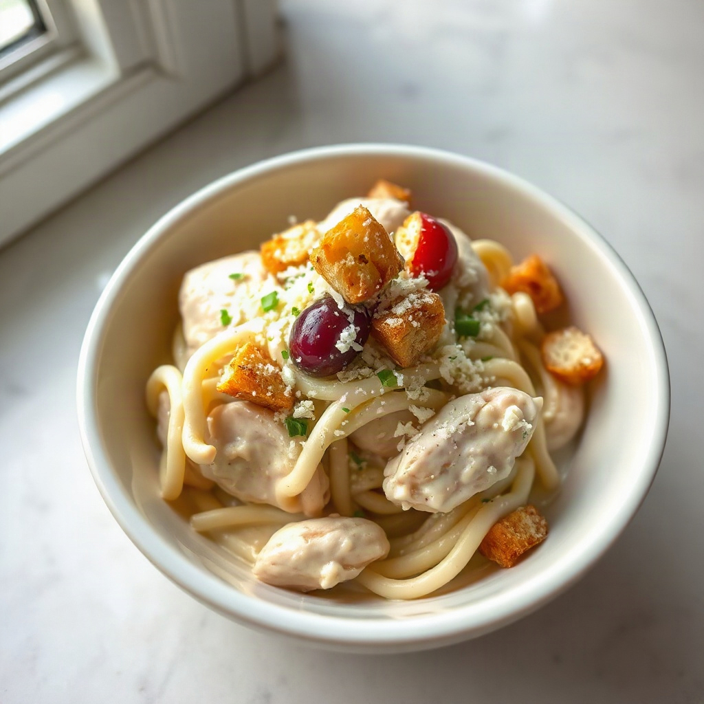 A bowl of Slow Cooker Chicken Caesar topped with croutons and grated cheese, ready to serve.