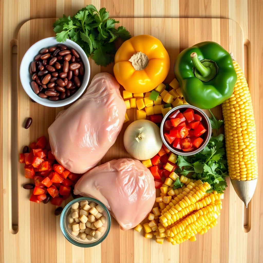Slow Cooker Chicken Chili – Easy Hearty Dinner 4 Raw ingredients for slow cooker chicken chili, including small bowls of spices, beans, and chicken on a cutting board.