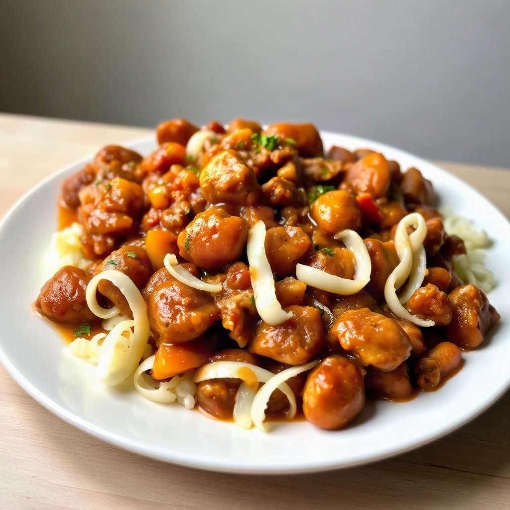 Plated slow cooker chicken chili with visible beans and chicken in a bowl.