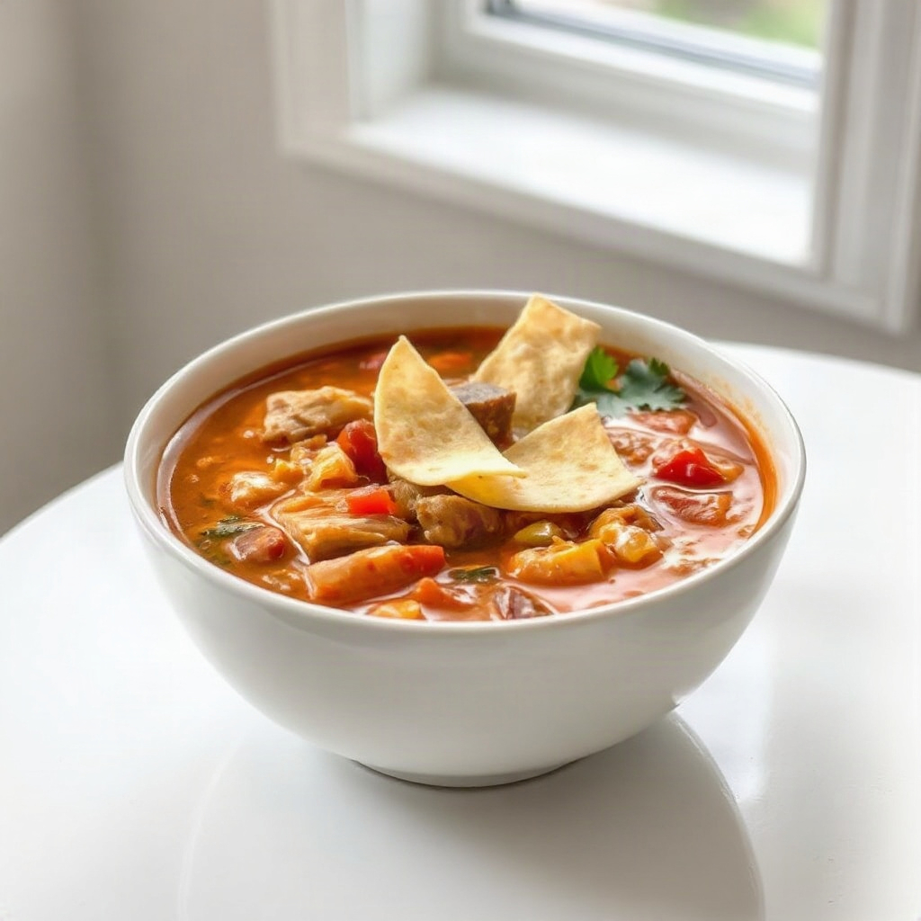 Finished Slow Cooker Chicken Tortilla Soup presented in a bowl, showcasing its colorful ingredients.
