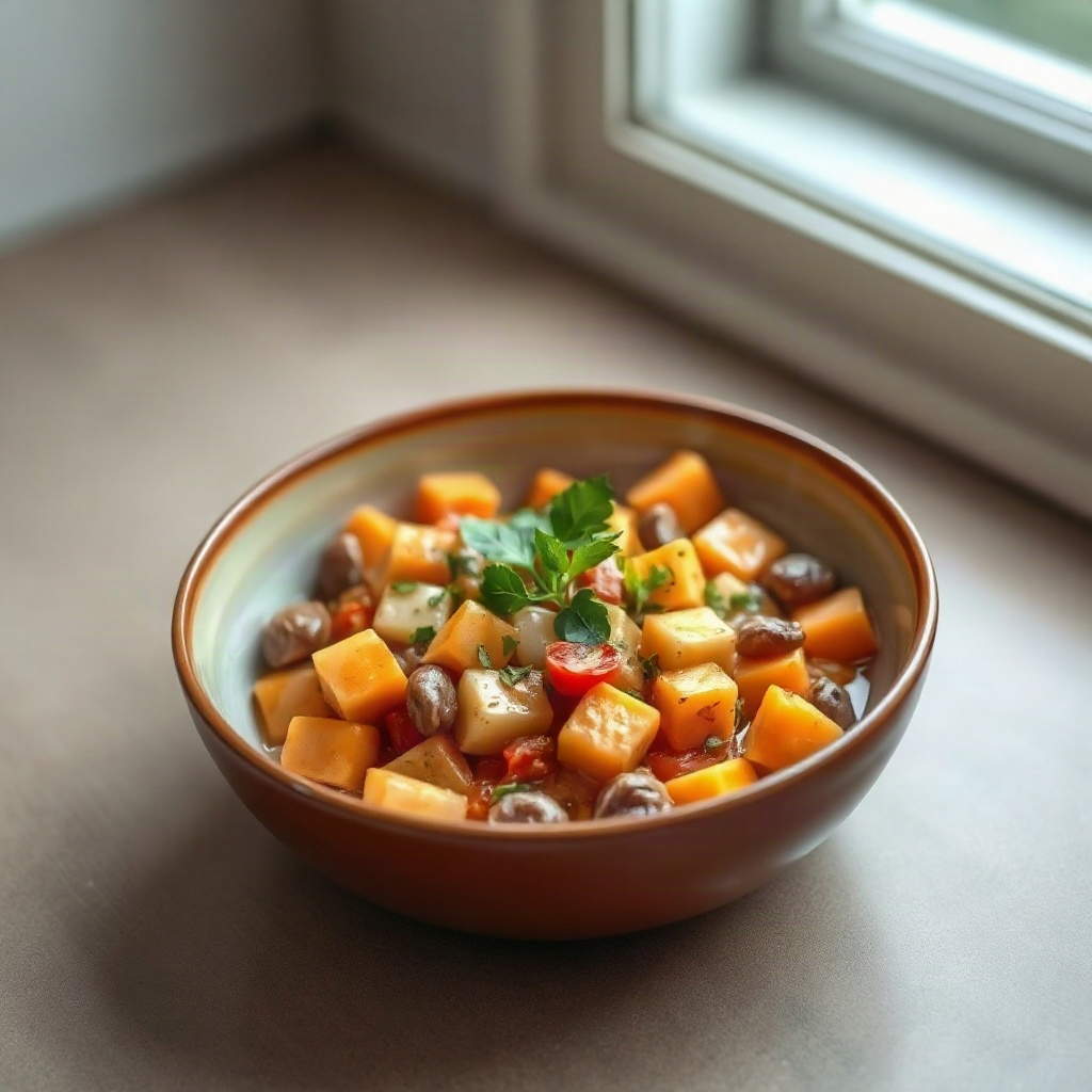 Slow Cooker Low FODMAP Recipes – Easy & Delicious Meals 6 A bowl of slow cooker low FODMAP meal topped with fresh herbs and served with a side of rice.