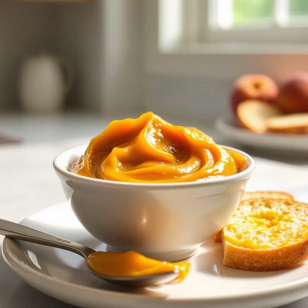 Slow Cooker Peach Butter – Easy Homemade Recipe 6 A bowl of slow cooker peach butter topped with slices of fresh peach and a sprig of mint.