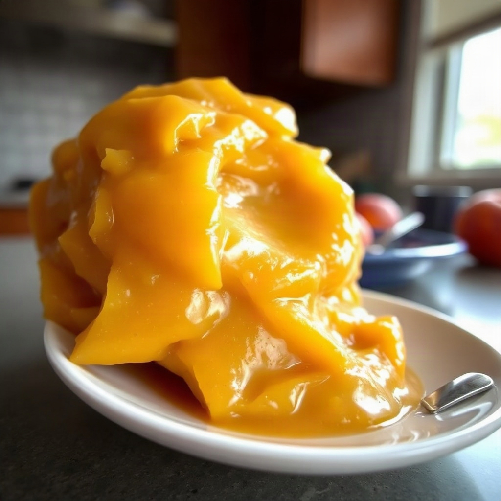 Finished plated slow cooker peach butter in a jar, showcasing its rich, golden-brown color and smooth texture.