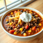 A bowl of slow cooker taco soup topped with avocado and cilantro, served in a rustic bowl.