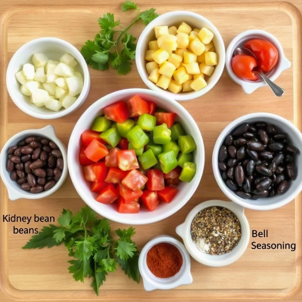 Slow Cooker Taco Soup – Easy Mexican-Inspired Dinner 4 Raw ingredients for slow cooker taco soup, including beans, corn, and spices in small bowls on a counter.