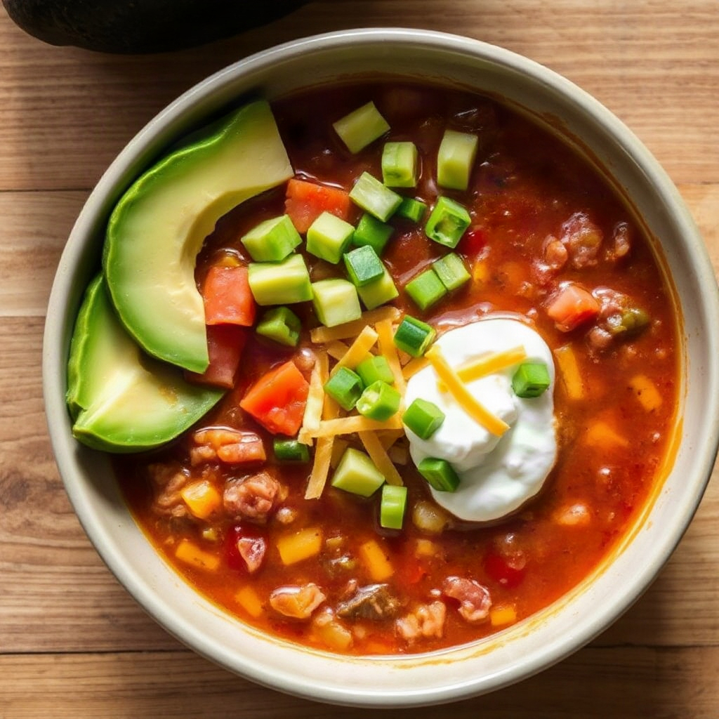 Slow Cooker Taco Soup – Easy Mexican-Inspired Dinner 6 A bowl of Slow Cooker Taco Soup topped with cheese, avocado, and cilantro, served with tortilla chips.