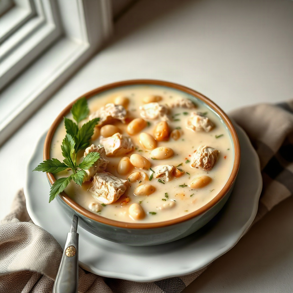 A bowl of slow cooker white chicken chili, creamy and garnished, served with a spoon.