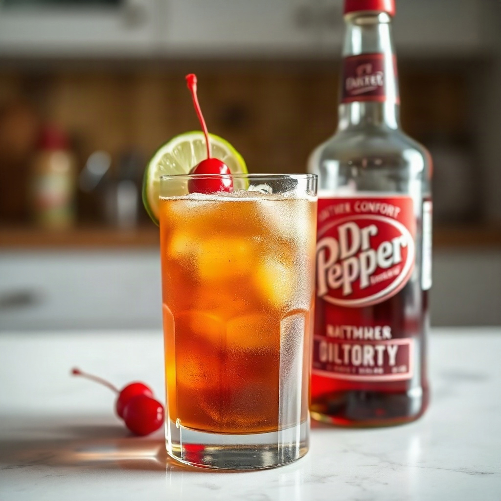 Southern Comfort and Dr Pepper: A Classic Spiked Dirty Soda Recipe 6 A glass of Southern Comfort and Dr Pepper cocktail garnished with a lime wedge, served on a wooden table.