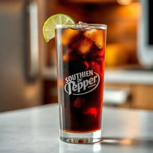 A finished glass of Southern Comfort and Dr Pepper, showcasing the classic spiked dirty soda recipe with ice. — dr pepper and southern comfort