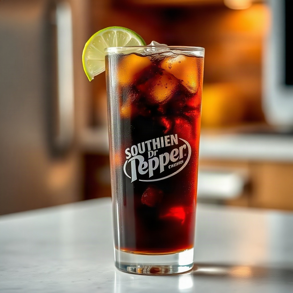 A finished glass of Southern Comfort and Dr Pepper, showcasing the classic spiked dirty soda recipe with ice. — dr pepper and southern comfort