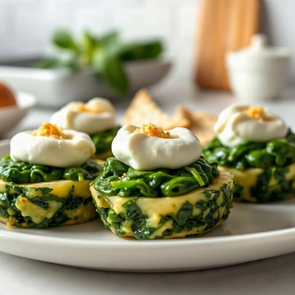 A plate of spinach egg bites with cottage cheese, garnished with toppings from the recipe.
