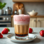 Finished strawberry cold foam topped coffee in a glass, showcasing a pink aesthetic.