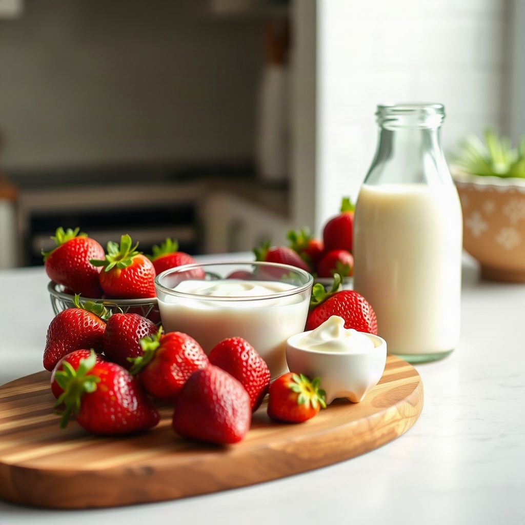Strawberry Cold Foam Recipe: The Pink Aesthetic Coffee Trend 4 Raw ingredients for strawberry cold foam recipe, including fresh strawberries, cream, and sugar in small bowls.