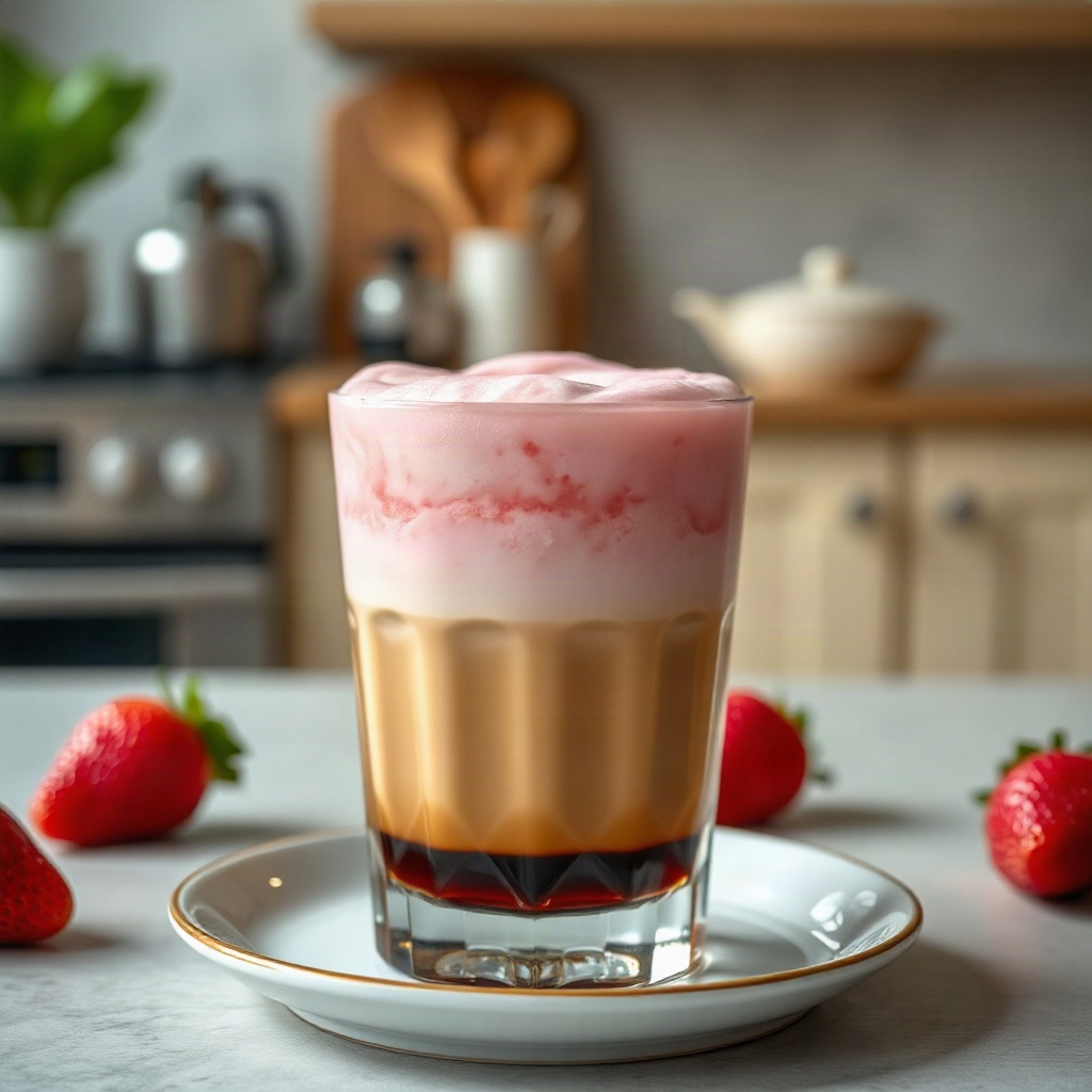 Finished strawberry cold foam topped coffee in a glass, showcasing a pink aesthetic.