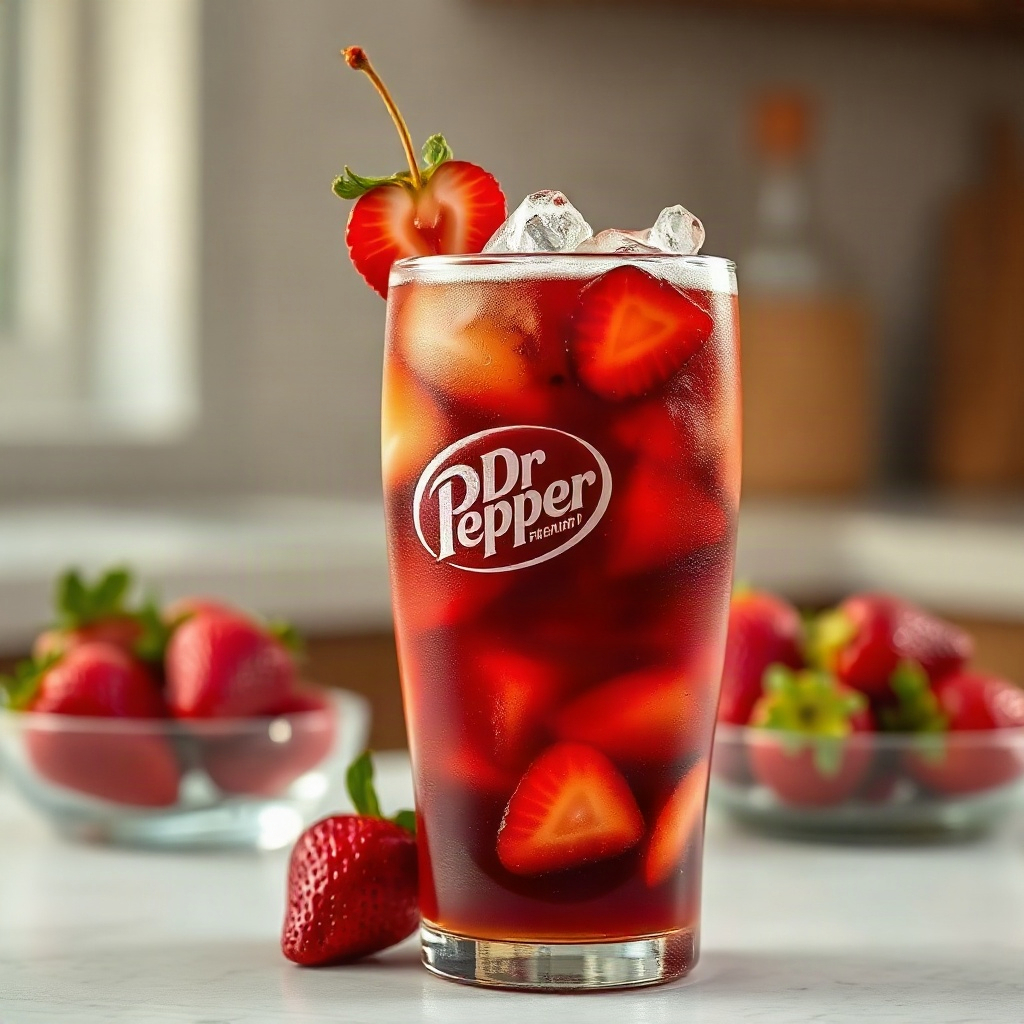Strawberry Dirty Dr Pepper Recipe: A Berry-Good Soda Hack 6 A glass of Strawberry Dirty Dr Pepper topped with fresh strawberries and whipped cream, served in a casual setting.