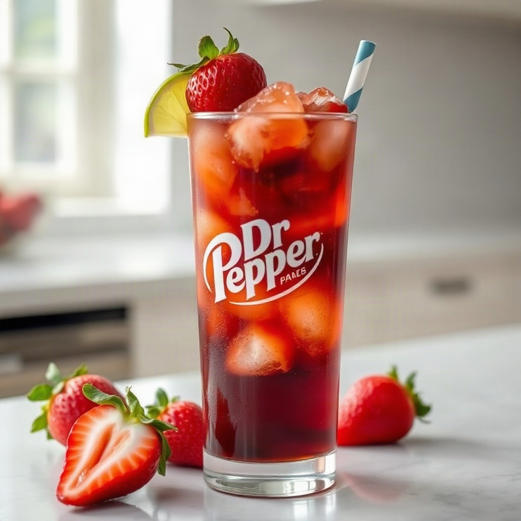 Strawberry Dirty Dr Pepper Recipe: A Berry-Good Soda Hack 6 A glass of Strawberry Dirty Dr Pepper garnished with fresh strawberries and a lime wedge.