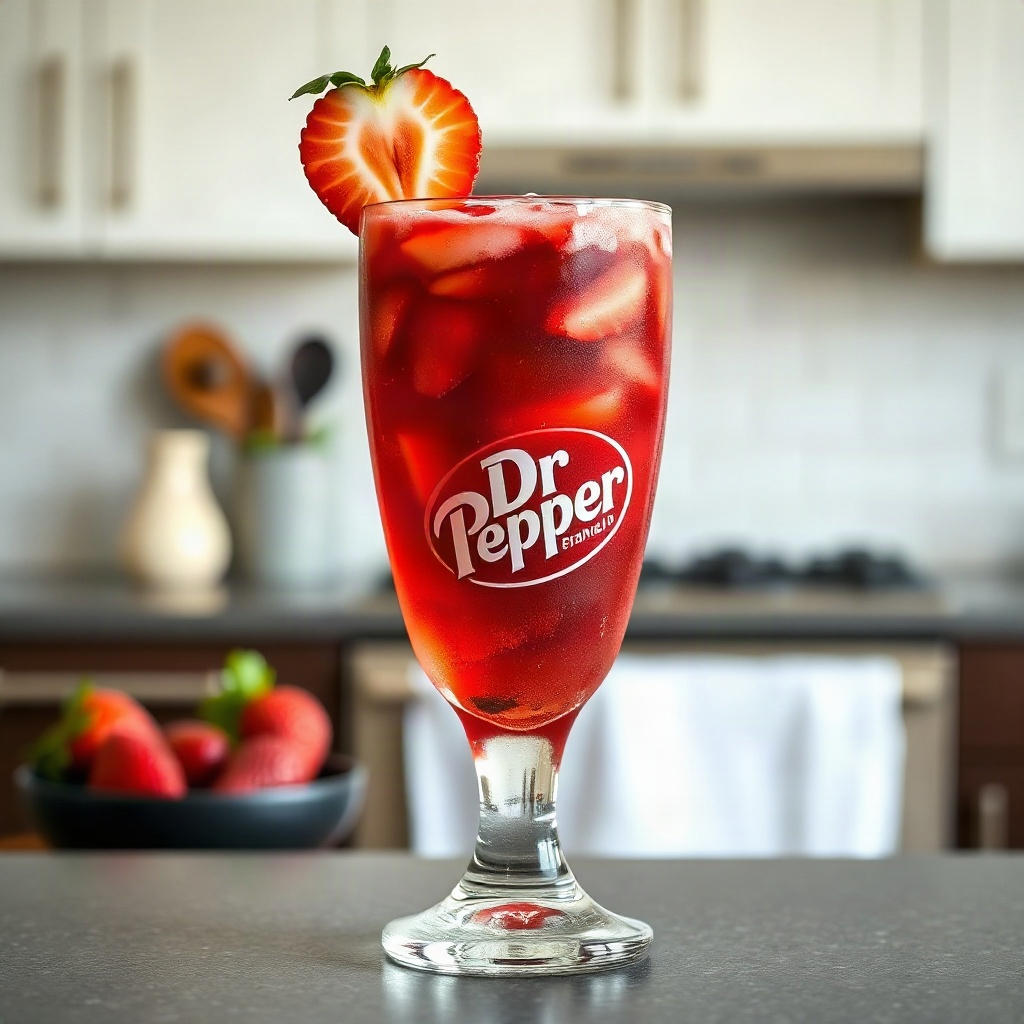 A finished plate of Strawberry Dirty Dr Pepper, showcasing vibrant red strawberries and a fizzy soda in a glass. — dirty strawberry dr pepper