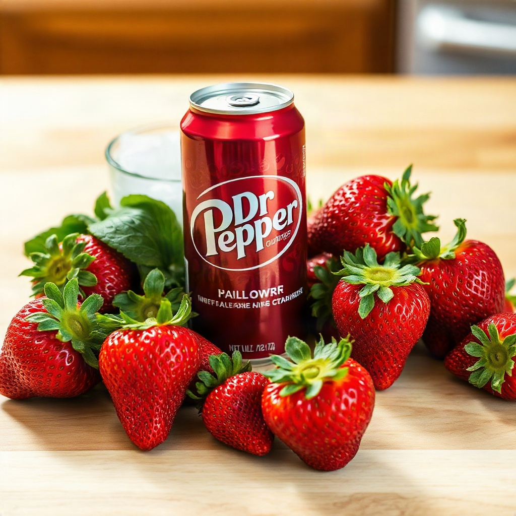 Strawberry Dirty Dr Pepper Recipe: A Berry-Good Soda Hack 4 Raw ingredients for Strawberry Dirty Dr Pepper, including strawberries and soda, arranged in small bowls.