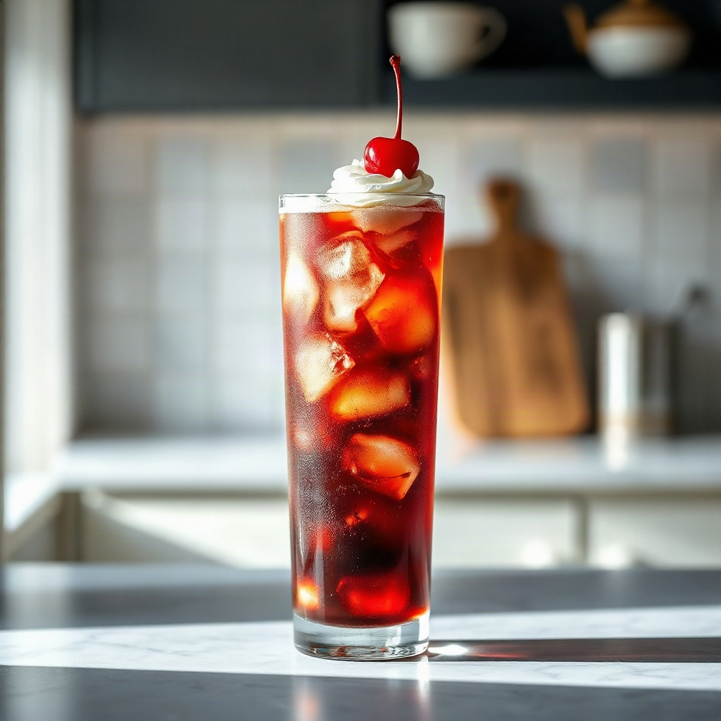 A glass of Swig Dirty Soda served with ice and topped with whipped cream and a cherry, showcasing a vibrant presentation.