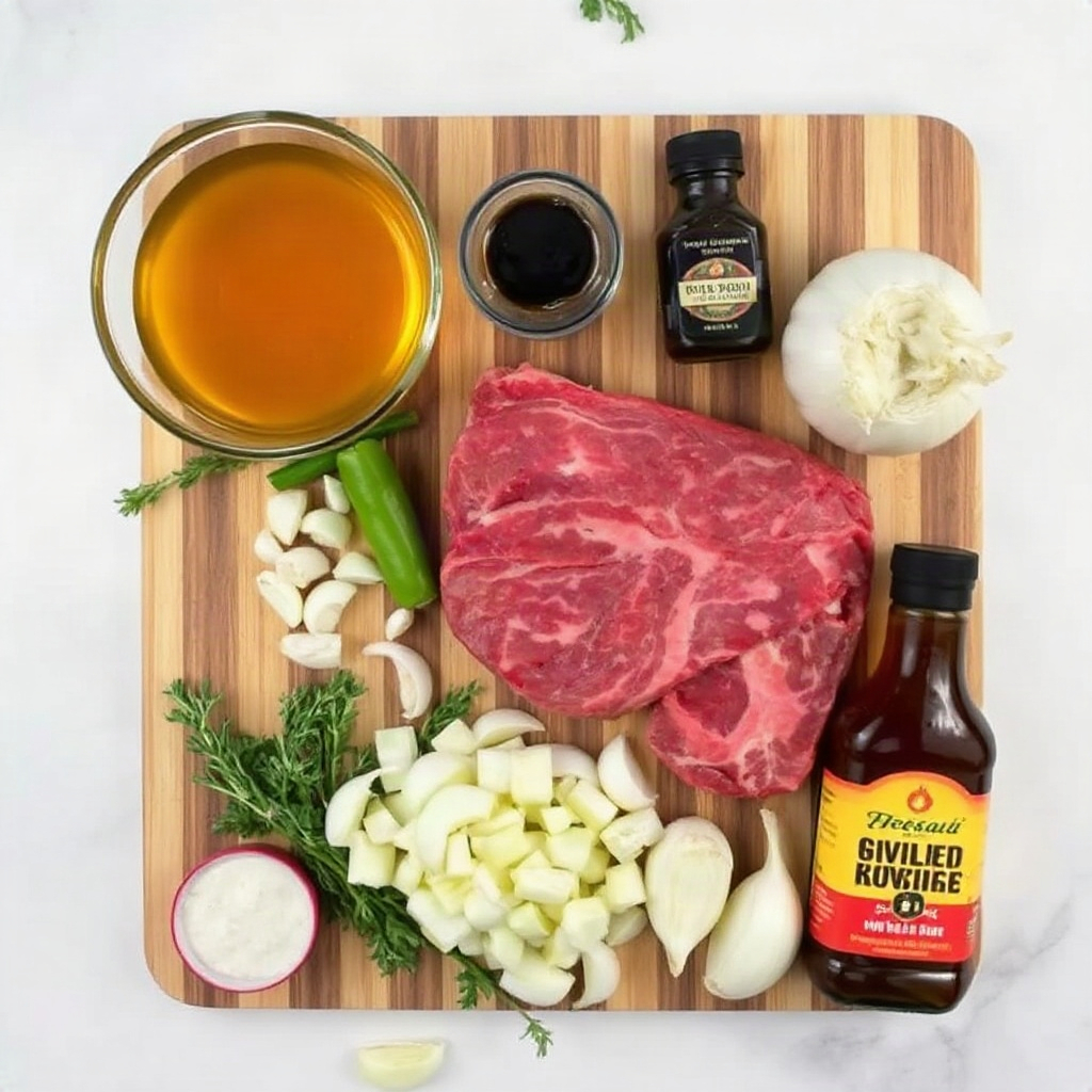 Top Sirloin Slow Cooker Recipe – Tender & Easy Dinner 4 Raw ingredients for top sirloin slow cooker recipe, including various vegetables in small bowls and spices on a cutting board.