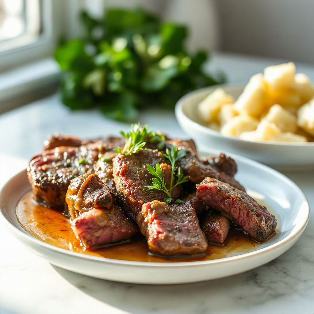Top Sirloin Slow Cooker Recipe – Tender & Easy Dinner 6 A serving of the finished Top Sirloin Slow Cooker Recipe with garnishes and sides, presented on a plate.