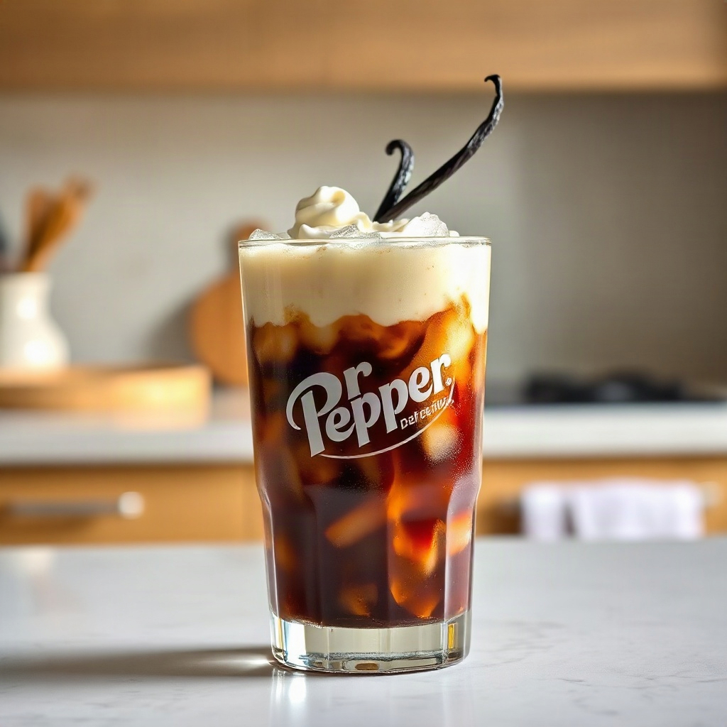 A finished glass of vanilla cream dr pepper topped with whipped cream and a straw.