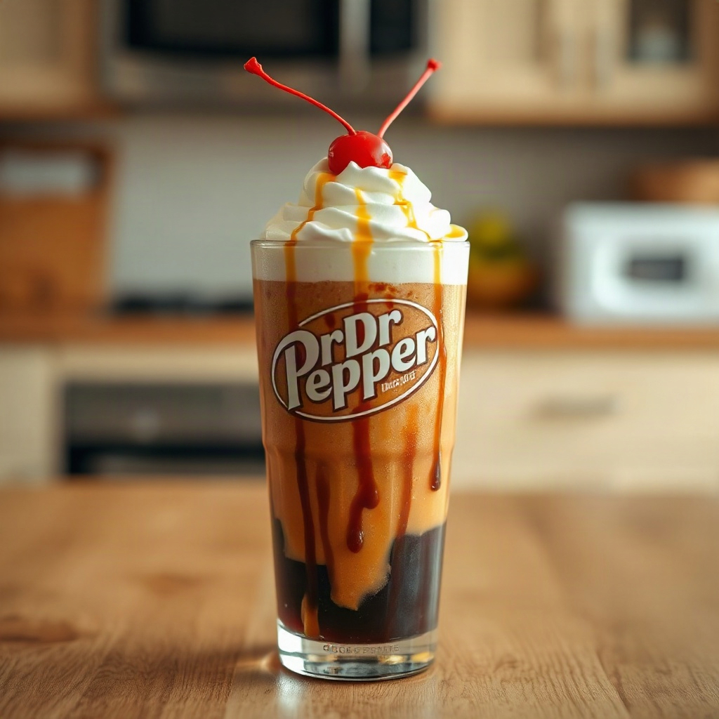 Vanilla Dirty Dr Pepper Recipe: A Sweet and Creamy Soda Hack 6 A glass of Vanilla Dirty Dr Pepper topped with whipped cream and a cherry, served on a wooden table.