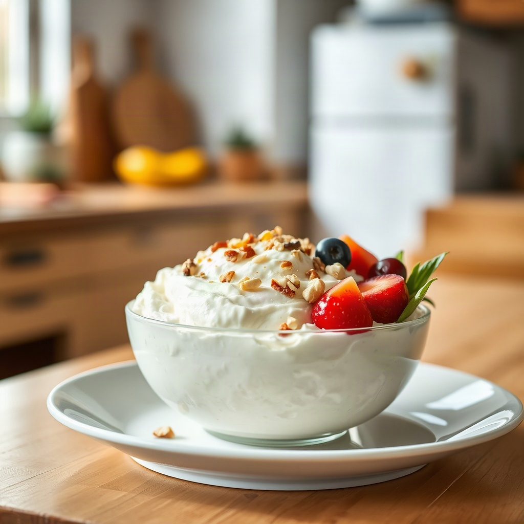 A finished whipped cottage cheese bowl topped with fresh fruit and nuts, presented as a single hero shot.