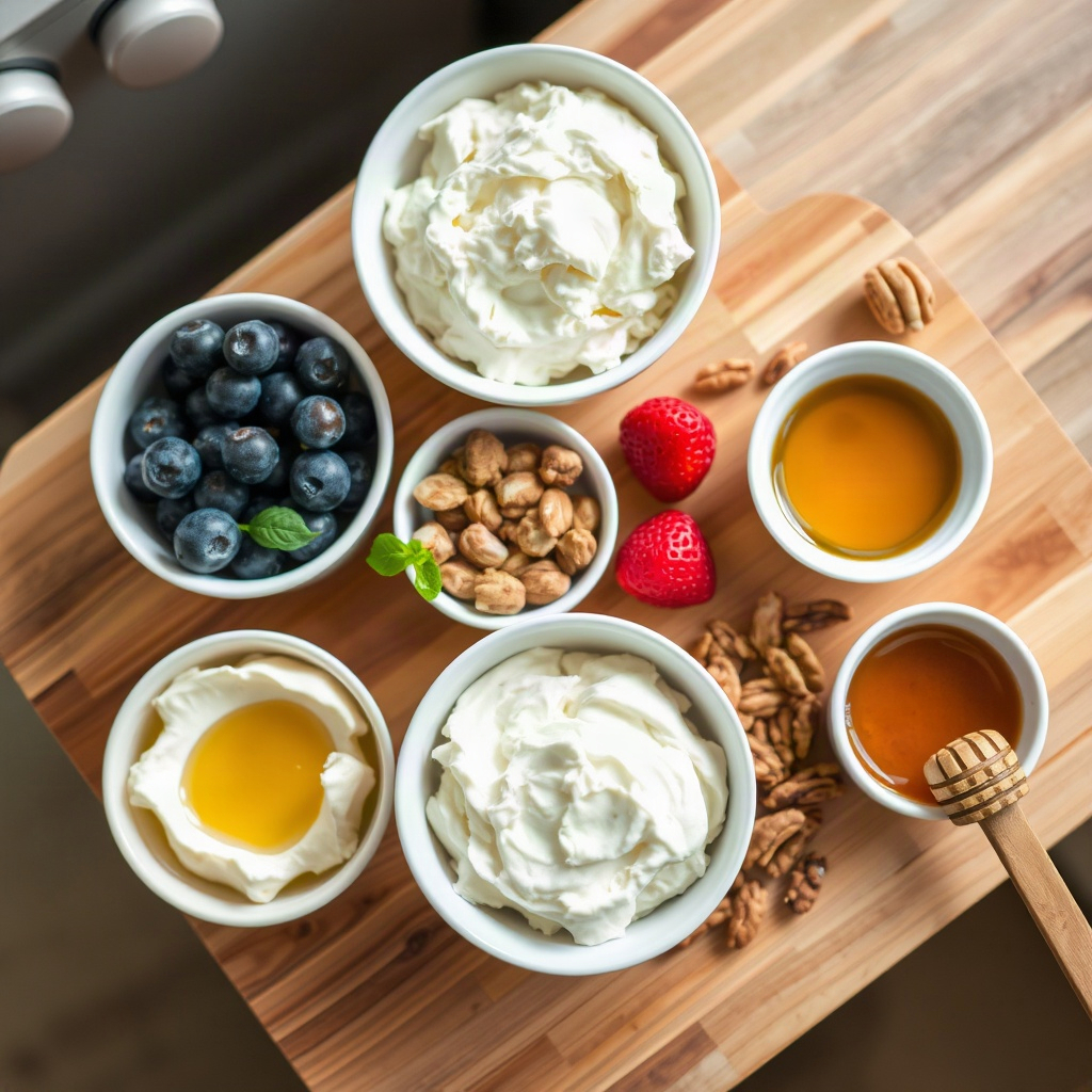 Whipped Cottage Cheese Bowl: The Aesthetic Breakfast Trend 4 Raw ingredients for a whipped cottage cheese bowl arranged in small bowls on a cutting board.