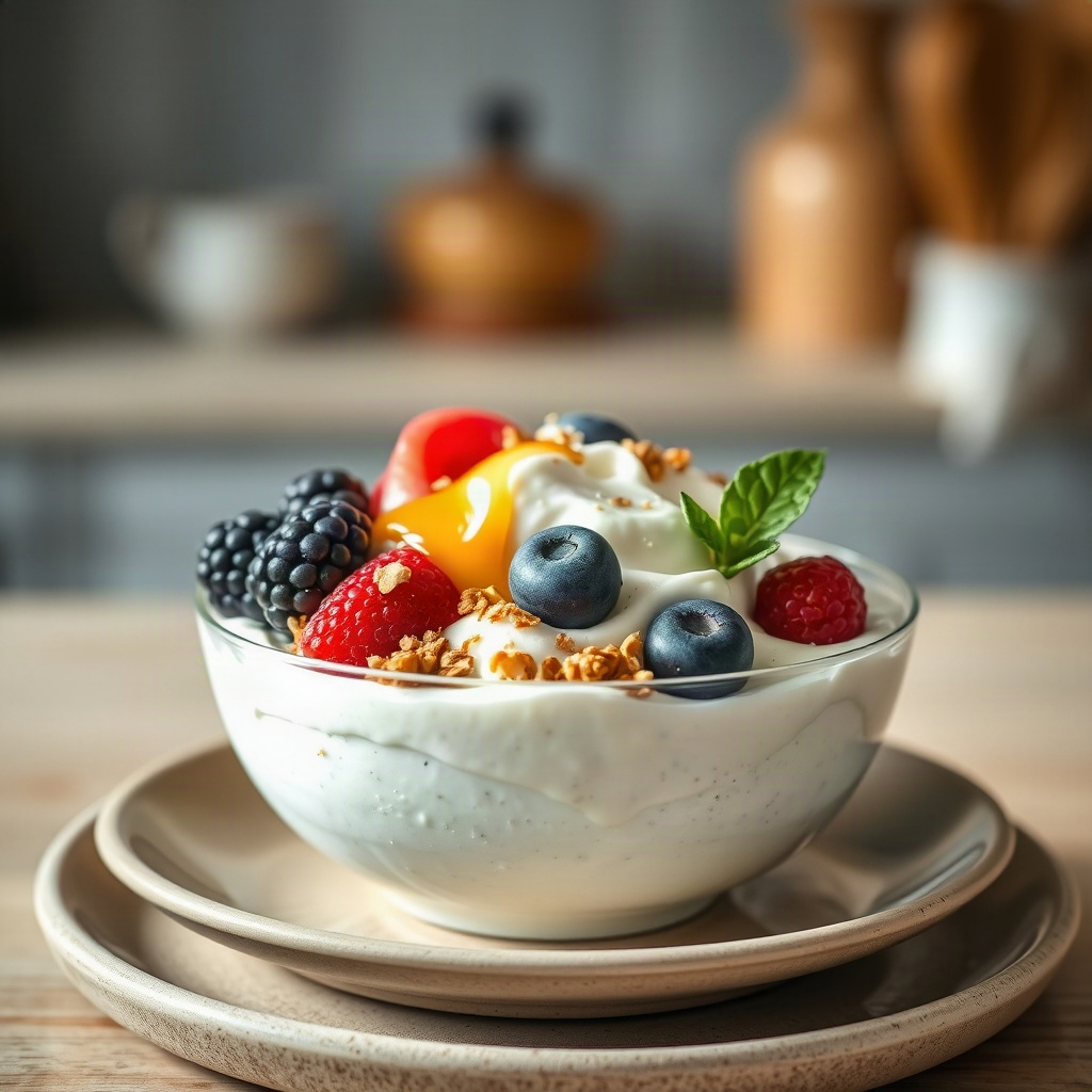Whipped Cottage Cheese Bowl: The Aesthetic Breakfast Trend 6 A whipped cottage cheese bowl served with fresh fruits and nuts, showcasing toppings that enhance the dish.