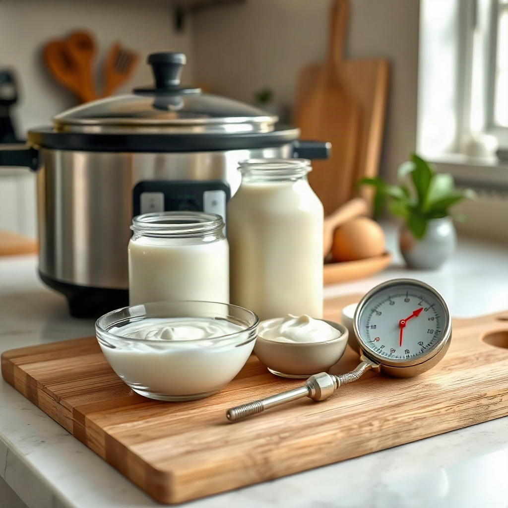 How to Make Yogurt With a Slow Cooker – Easy Guide 10 Raw ingredients for yogurt, including milk and yogurt starter, arranged in small bowls on a cutting board.