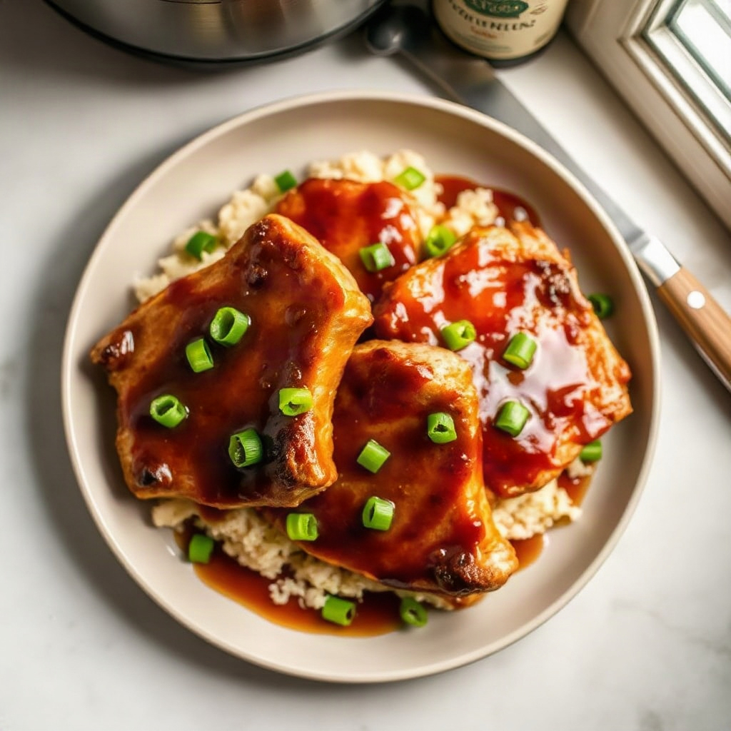 Raw ingredients for slow cooker hawaiian pork chops, including small bowls of spices and sauces arranged on a cutting board.