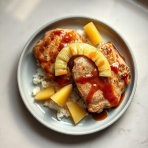 Served slow cooker Hawaiian pork chops topped with green onions on a plate.