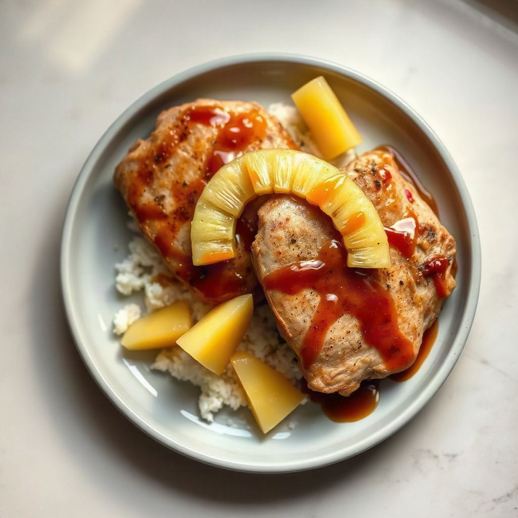 Slow Cooker Recipes 1 Served slow cooker Hawaiian pork chops topped with green onions on a plate.